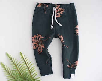 Deep Forest Green Maple Leaf Print Baby and Toddler Joggers