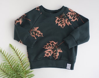 Deep Forest Green Maple Leaf Print Baby and Toddler Crew Neck Sweatshirt