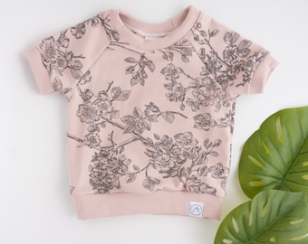 SALE! Soft Pink Cherry Blossom Print Baby and Toddler Short Sleeve Sweatshirt