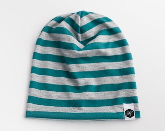 SALE! Gray and Teal Striped Baby and Toddler Slouch Beanie