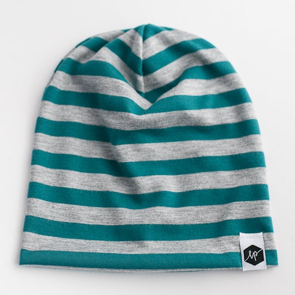 SALE! Gray and Teal Striped Baby and Toddler Slouch Beanie