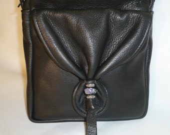 BLACK LEATHER SHOULDER and Crossbody Bag with Beaded Design Style #LL1