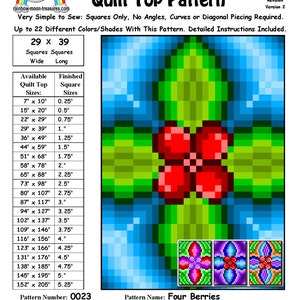 May include: A quilt pattern called "Four Berries" with a red, green, and blue color scheme. The pattern is made up of squares and is very simple to sew. The pattern is available in sizes ranging from 7 inches by 10 inches to 152 inches by 205 inches. The pattern was designed by Sheri Rector and is copyright 2014-2016.
