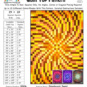 May include: A quilt pattern called "Starburst Swirl" with a colourful design of squares in shades of yellow, orange, and red. The pattern is for a quilt top that is 74 cm wide and 99 cm long. The pattern number is 0006 and was designed by Sheri Rector in March 2014.