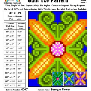 May include: Baroque Flower Quilt Top Pattern, a digital download pattern for a quilt with a colourful floral design. The pattern is available in various sizes, from 10 inches by 12 inches to 137 inches by 172 inches. The pattern is designed by Sheri Rector and is copyright 2014-2016.