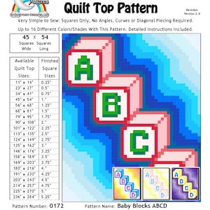 May include: A quilt pattern for a baby quilt with the letters A, B, C, and D in green on a pink background. The pattern is called "Baby Blocks ABCD" and is designed by Sheri Rector. The pattern is for a quilt top that is 114.3 cm wide and 137.2 cm long.