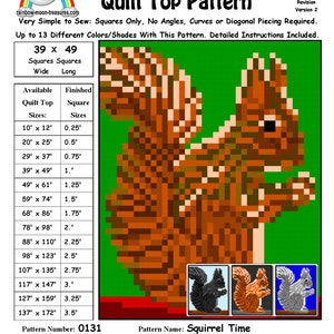 May include: A quilt pattern featuring a squirrel with a brown, orange, and white colour scheme. The pattern is called "Squirrel Time" and is designed by Sheri Rector. The pattern is available in sizes ranging from 10 inches by 12 inches to 137 inches by 172 inches.
