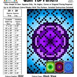May include: A quilt pattern called "Shock Wave" by Sheri Rector. The pattern is for a quilt top with a purple, blue, and green wave design. The pattern is available in sizes from 7 inches by 10 inches to 152 inches by 205 inches.