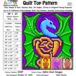 May include: Celtic Knot Dragon Quilt Top Pattern, a digital pattern for sewing a quilt featuring a dragon design with a Celtic knot motif. The pattern is available in a variety of sizes, from 15 inches by 17 inches to 177 inches by 201 inches. The pattern was designed by Sheri Rector on October 31, 2015.