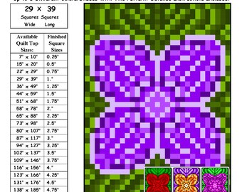 Könnte beinhalten: Ein Quiltmuster für eine vierblättrige Blume mit einem violetten Zentrum und grünen Blättern. Das Muster besteht aus Quadraten und ist sehr einfach zu nähen. Das Muster ist in verschiedenen Größen erhältlich, von 7 Zoll mal 10 Zoll bis 152 Zoll mal 205 Zoll. Die Musternummer ist 0026. Die Designerin des Musters ist Sheri Rector. Das Muster wurde im November 2014 entworfen. Copyright Sheri Rector 2014-2016, Rainbow Moon Treasures & Rainbow Moon Patterns.