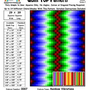 May include: A quilt top pattern named "Rainbow Vibrations" with a vibrant, pixelated design. The pattern offers various sizes, from 17.78cm x 25.4cm to 386.08cm x 520.7cm, and detailed instructions. The image also displays the pattern name, number, and designer.