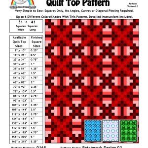 May include: Patchwork Design 03 quilt top pattern with instructions for sewing a quilt using squares. The pattern includes a grid with 31 rows and 41 columns, and a table showing the finished quilt top size for different square sizes. The pattern is designed for up to 6 different colours or shades.