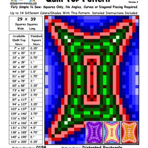 May include: A quilt pattern for a distorted rectangle quilt top. The pattern is made up of 29 squares wide and 39 squares long. The pattern is available in 14 different colours and shades. The pattern is designed for squares only and requires no angles, curves, or diagonal piecing. The pattern is available in sizes ranging from 7 inches by 10 inches to 152 inches by 205 inches. The pattern is designed by Sheri Rector and is available from Rainbow Moon Treasures.