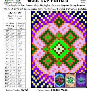May include: A colorful quilt pattern called "Garden Maze" with a grid of squares in various colors, including green, red, purple, yellow, and orange. The pattern is designed for a quilt top and includes instructions for sewing a quilt with squares only. The pattern is available in sizes ranging from 15 inches by 10 inches to 145 inches by 185 inches.