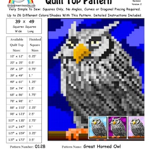 May include: A digital pattern for a Great Horned Owl quilt top. The pattern is designed to be sewn with squares only, and includes instructions for creating a quilt top in various sizes, from 25 cm by 30 cm to 348 cm by 437 cm. The pattern is available for download as a digital file.