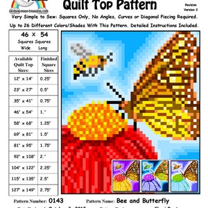 May include: A quilt pattern featuring a bee and butterfly on a red flower. The pattern is called "Bee and Butterfly" and is designed by Sheri Rector. The pattern number is 0143 and the date designed is 3 October 2015.