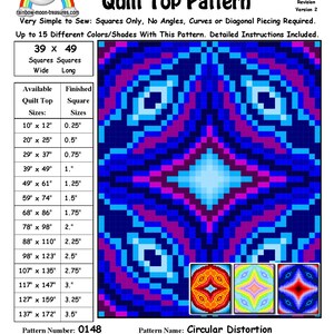 May include: A quilt pattern called "Circular Distortion" by Sheri Rector. The pattern is for a quilt top made of squares. The pattern is 39 squares wide and 49 squares long. The pattern number is 0148. The date designed is 18 October 2015.