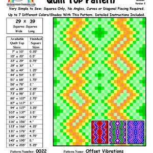 May include: A quilt pattern called "Offset Vibrations" with a 29 x 39 square grid. The pattern is made up of green, yellow, and orange squares. The pattern is designed for a quilt top and includes instructions. The pattern number is 0022 and was designed by Sheri Rector in March 2014.