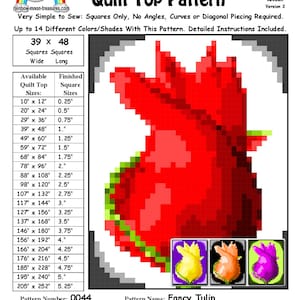 May include: A quilt pattern for a red tulip flower with green leaves. The pattern is called "Fancy Tulip" and is designed by Sheri Rector. The pattern is for a quilt top that is 99 cm wide and 122 cm long. The pattern includes instructions for making a quilt top with squares only, no angles, curves or diagonal piecing required. The pattern is available in a variety of sizes.