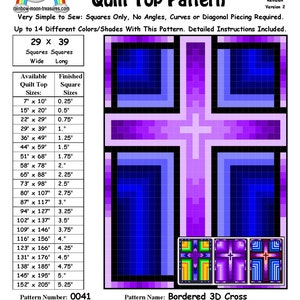 May include: A quilt pattern for a 3D cross with a purple, blue, and black color scheme. The pattern is called "Bordered 3D Cross" and is designed by Sheri Rector. The pattern is for a quilt top that is 29 inches wide and 39 inches long. The pattern includes instructions for making a quilt top with squares only. The pattern is available for purchase on the website rainbow-moon-treasures.com.