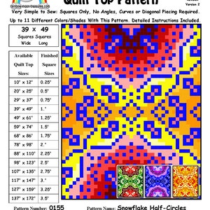 May include: A quilt pattern for a snowflake design with half-circles. The pattern is made up of 39 squares wide and 49 squares long. The pattern is available in 11 different sizes, ranging from 25 cm by 30 cm to 350 cm by 437 cm. The pattern is called "Snowflake Half-Circles" and was designed by Sheri Rector. The pattern number is 0155 and the date designed is October 18, 2015.