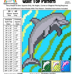 May include: A quilt pattern featuring a smiling dolphin swimming in blue water with green seaweed. The pattern is called "Dolphin Smiles" and is designed by Sheri Rector. The pattern is available in a variety of sizes, from 10 inches by 12 inches to 205 inches by 257 inches.
