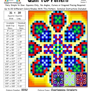 May include: A quilt pattern for "Overlapping Droplets" with a colorful geometric design. The pattern is made up of squares and is available in sizes ranging from 8 inches by 10 inches to 163 inches by 205 inches. The pattern was designed by Sheri Rector.