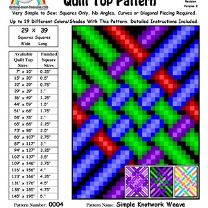 May include: A quilt pattern chart with a colourful quilt block design. The chart shows the finished quilt top size in inches and the corresponding square size in inches. The pattern is called "Simple Knotwork Weave" and is designed by Sheri Rector. The pattern number is 0004.