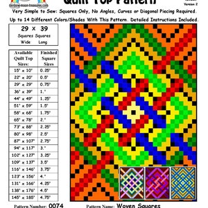 May include: A quilt pattern for a woven squares quilt top. The pattern is for a quilt measuring 74 cm wide by 99 cm long. The pattern includes instructions for making a quilt with squares of different sizes, ranging from 0.6 cm to 12 cm. The pattern is designed by Sheri Rector and is available for purchase from Rainbow Moon Treasures and Rainbow Moon Patterns.