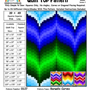 May include: A Bargello Curves quilt top pattern with a vibrant, geometric design. The pattern is easy to sew, using squares only, and includes detailed instructions. Available sizes include a 99 x 124 cm quilt top. The pattern is by Sheri Rector.