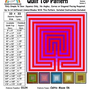 May include: Celtic Maze 06 quilt pattern with a red, purple, and blue color scheme. The pattern is made up of squares and is designed to be sewn with 14 different colors. The pattern number is 0124. The pattern was designed on May 28, 2015, by Sheri Rector.