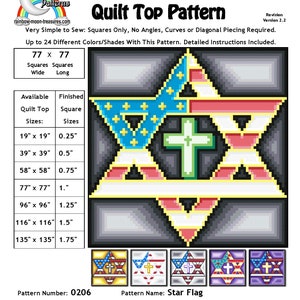 May include: Star Flag Quilt Top Pattern, a digital download pattern for a quilt featuring a star design with red, white, and blue colours. The pattern is available in various sizes, from 19 inches to 135 inches.