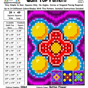 May include: A quilt pattern for a button flower design. The pattern is made up of squares and uses 14 different colors. The finished quilt top will be 39 inches wide and 49 inches long. The pattern number is 0064 and the pattern designer is Sheri Rector. The pattern was designed on June 6, 2014.