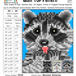 May include: A quilt pattern for a raccoon face, with a blue background and a red nose. The pattern is called "Raccoon Surprise" and is designed by Sheri Rector. The pattern is 39 inches wide by 49 inches long.