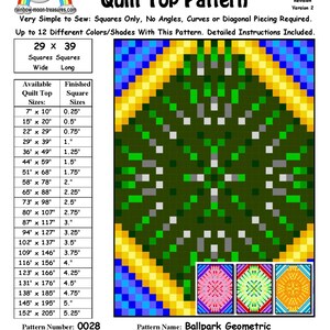 May include: A quilt pattern called "Ballpark Geometric" with a green, yellow, blue, and red geometric design. The pattern is made up of squares and is available in sizes from 7 inches by 10 inches to 152 inches by 205 inches. The pattern number is 0028 and was designed by Sheri Rector in March 2014.