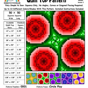May include: A quilt pattern called "Circle Play" with a red, white, and green rose design. The pattern is available in sizes ranging from 13 inches by 13 inches to 150 inches by 150 inches. The pattern number is 0001. The pattern was designed by Sheri Rector on February 20, 2014.