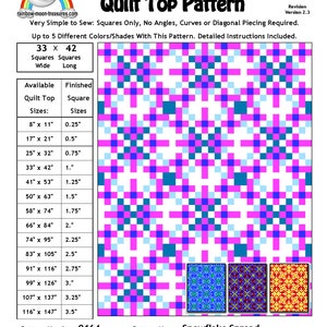 Puede incluir: Un patrón de acolchado llamado "Snowflake Spread" con instrucciones para hacer un acolchado superior. El patrón utiliza solo cuadrados y requiere hasta 5 colores diferentes. El patrón está disponible en tamaños que van desde 8 pulgadas por 11 pulgadas hasta 116 pulgadas por 147 pulgadas.