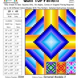 May include: A quilt pattern for a Cornered Mandala 2 quilt top. The pattern is designed for squares only and includes instructions for making a quilt top up to 99 cm wide by 124 cm long. The pattern is available in various sizes, with the largest size being 348 cm wide by 437 cm long. The pattern is computer generated and the finished quilt top will vary depending on the fabric choices. The pattern was designed by Sheri Rector and is copyrighted 2014-2016.