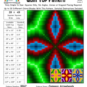 May include: A quilt pattern called "Compass Arrowheads" with a colourful geometric design. The pattern is made up of squares in red, green, blue, and yellow. The pattern is available in sizes ranging from 25 cm by 30 cm to 323 cm by 404 cm. The pattern was designed by Sheri Rector in December 2014.
