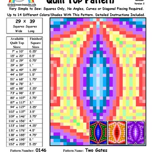 May include: A quilt pattern called "Two Gates" with a colourful geometric design. The pattern is for a quilt top and includes instructions for making a quilt up to 152 inches wide by 205 inches long. The pattern is designed by Sheri Rector and is available for purchase.