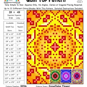 May include: Snowflake Flower Quilt Top Pattern, a digital download pattern for a quilt with a snowflake design. The pattern is made up of 39 squares by 49 squares, and the finished quilt can be made in various sizes, from 25 cm by 30 cm to 348 cm by 437 cm.