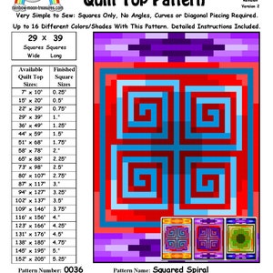 May include: A quilt pattern for a squared spiral design. The pattern is made up of 29 squares wide and 39 squares long. The pattern is available in various sizes, from 7 inches by 10 inches to 152 inches by 205 inches. The pattern is called "Squared Spiral" and is designed by Sheri Rector. The pattern number is 0036.