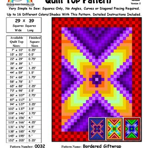 May include: A quilt pattern for a bordered giftwrap quilt top. The pattern is for a quilt top that is 29 squares wide and 39 squares long. The pattern includes instructions for making a quilt top with different sizes, from 7 inches by 10 inches to 152 inches by 205 inches. The pattern is designed by Sheri Rector and is available for purchase from Rainbow Moon Treasures and Rainbow Moon Patterns.