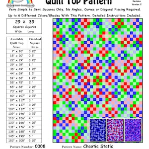 May include: A quilt pattern chart titled "Chaotic Static" with a 29 x 39 grid of squares. The pattern uses four colors: red, blue, green, and pink. The chart includes a table with different quilt top sizes and corresponding finished square sizes. The pattern number is 0008 and the date designed is March 18, 2014. The pattern designer is Sheri Rector.