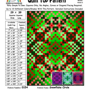May include: A quilt pattern for a snowflake circle quilt top. The pattern is made up of 29 squares wide and 39 squares long. The pattern is available in a variety of sizes, from 18 cm by 25 cm to 386 cm by 521 cm. The pattern is designed by Sheri Rector and is available for purchase on Rainbow Moon Treasures.