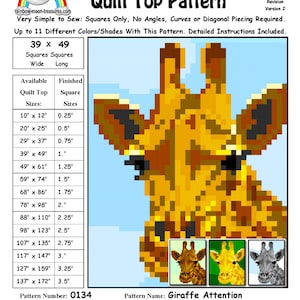 May include: A quilt pattern for a giraffe with a light blue background. The pattern is made up of 39 squares wide by 49 squares long. The pattern is called "Giraffe Attention" and the pattern number is 0134. The pattern was designed by Sheri Rector on September 6, 2015.