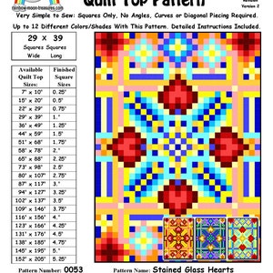 May include: A quilt pattern for a stained glass hearts quilt top. The pattern is made up of 29 squares by 39 squares. The pattern is available in a variety of sizes, from 18 cm by 25 cm to 386 cm by 521 cm. The pattern is designed by Sheri Rector and is copyright 2014-2016, Rainbow Moon Treasures & Rainbow Moon Patterns.