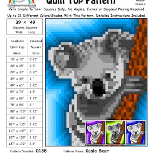 Op de afbeelding: Een quiltpatroon voor een koalabeer, met een 39 x 49 vierkante raster. Het patroon bevat instructies voor het maken van een quilttop in verschillende maten, variërend van 25 cm x 30 cm tot 348 cm x 437 cm. Het patroon is ontworpen door Sheri Rector en is te koop.