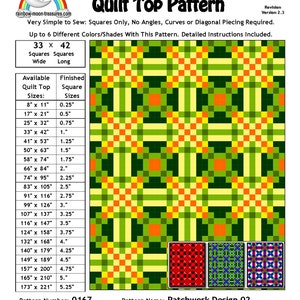 May include: Patchwork Design 02 quilt top pattern with instructions for sewing a quilt using 33 x 42 squares. The pattern includes a table of quilt top sizes and corresponding finished square sizes, ranging from 8 inches by 11 inches to 173 inches by 221 inches. The pattern is designed by Sheri Rector and is computer generated.