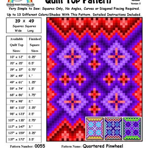 May include: A quilt pattern for a "Quartered Pinwheel" quilt top. The pattern is for a quilt that is 39 inches wide by 49 inches long. The pattern is designed to be sewn with squares only, and it includes detailed instructions. The pattern number is 0055 and the pattern designer is Sheri Rector. The pattern was designed on May 24, 2014.
